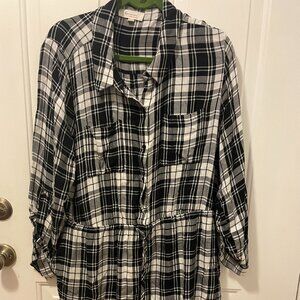 Black and White Plaid Short Dress with Drawstring Waist XL
